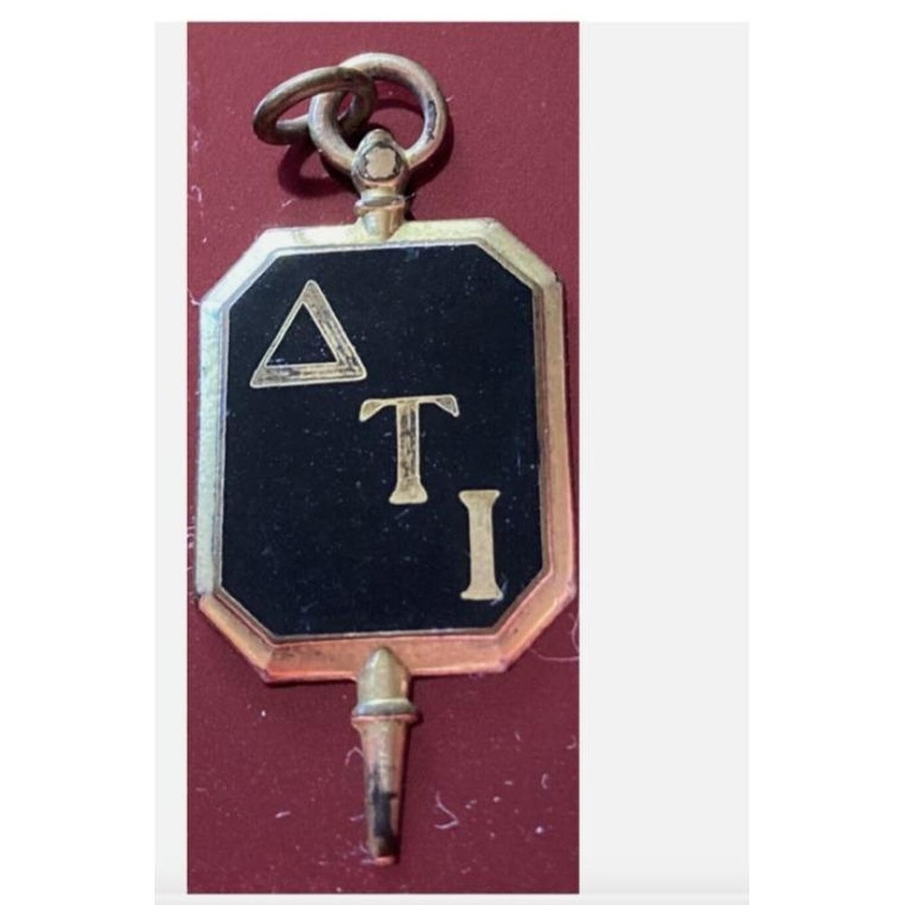 Vintage Delta Tao Iota Greek Life Pendant Badge Gold Tone Black Enamel